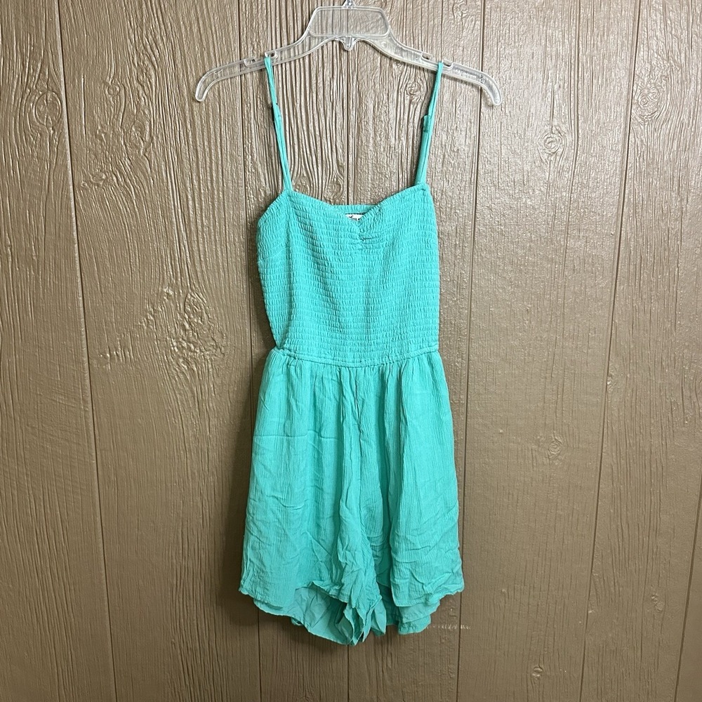 Hollister Smocked Jade Romper Green Sz L Open Back Stretch Adjustable Spring